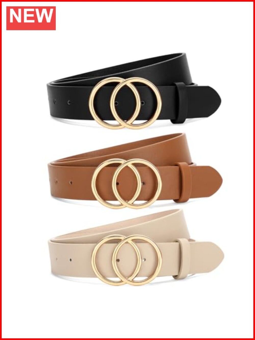 3 Pack Women Leather Belts Double O-Ring Gold Buckle for Jeans